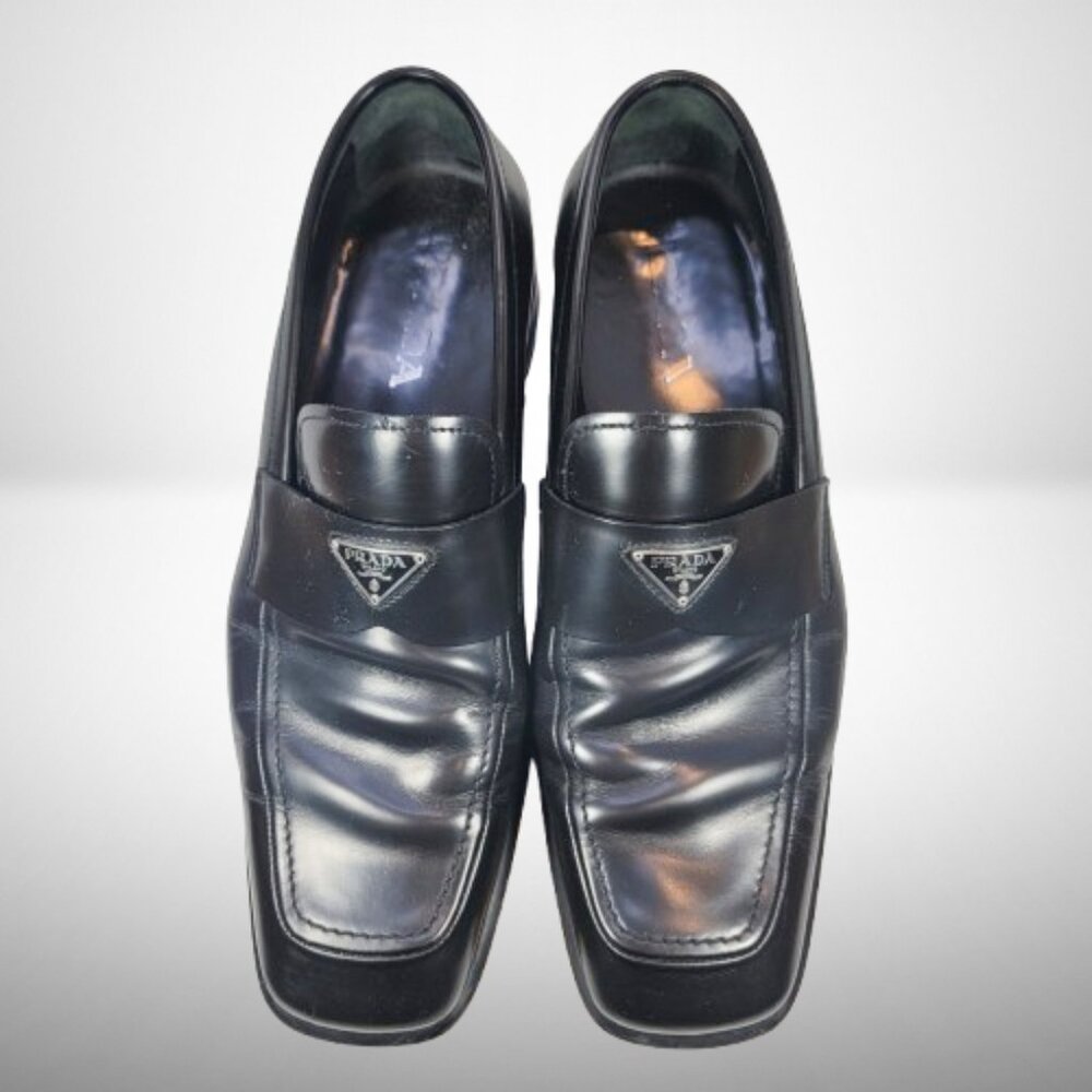FAIR CONDITION Prada Brushed Leather Triangle Logo Loafers Size: 8.5 - Picture 5 of 16